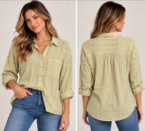 BDG Women's Textured Swiss Dot Button Down Shirt Yellow Boho Cottagecore size L